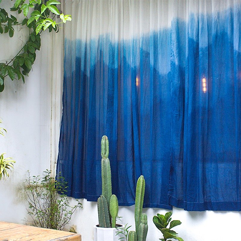 Qingshan Gradient Indigo Dyeing Custom Tulle Curtain/Hand Indigo Dyeing/Customized Size Can Be Processed Finished Curtain - Doorway Curtains & Door Signs - Cotton & Hemp Blue