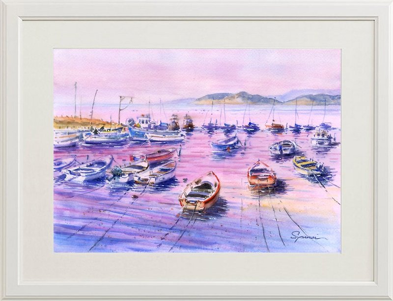 watercolor port at dusk - Posters - Paper Pink