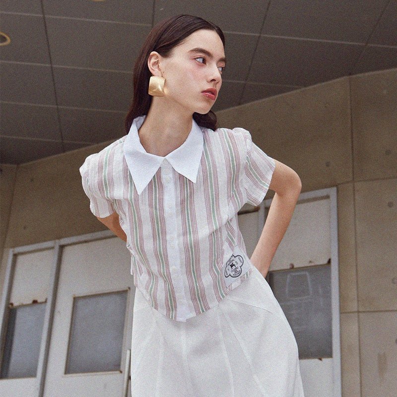 (LINE) Two Button Stripe Blouse (Stripe) - Women's Tops - Other Materials White