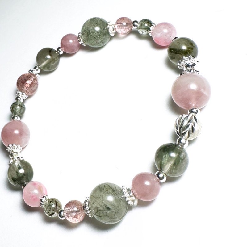 Berry Mint Special - Green Ghost. Rose Stone. Green Hair Quartz. Rose Quartz Design Bracelet - สร้อยข้อมือ - คริสตัล สึชมพู