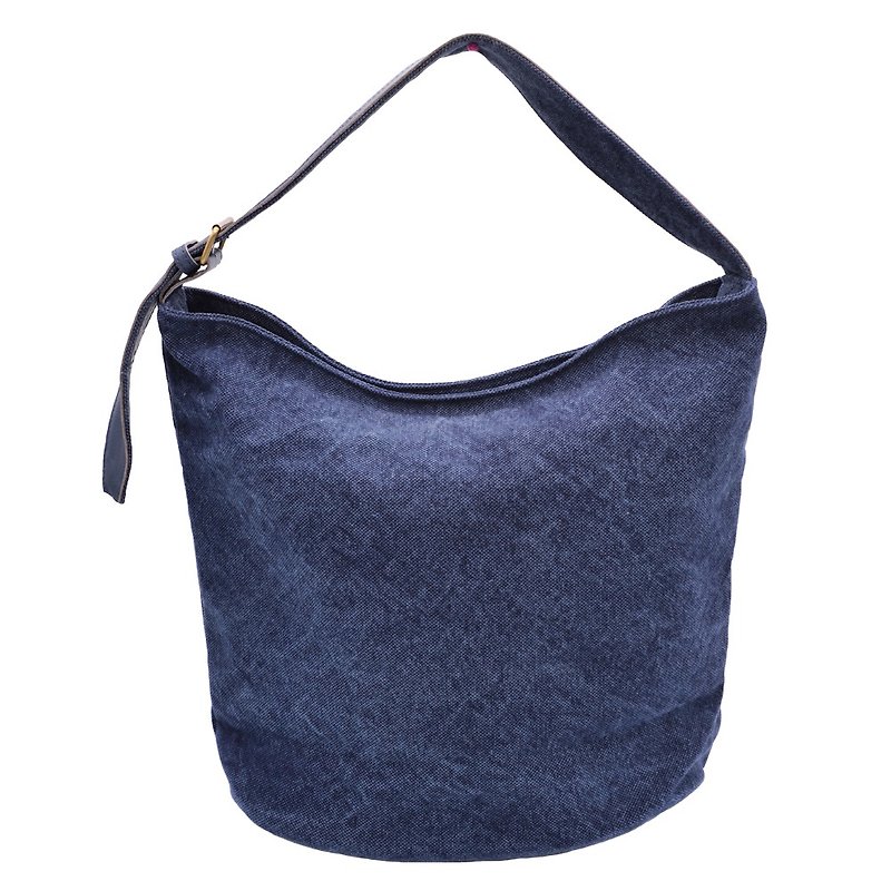 Leather base canvas bag Navy color - 側背包/斜孭袋 - 棉．麻 藍色