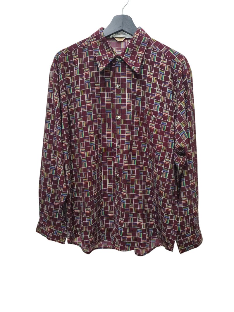 European vintage Italian chiffon plaid burgundy metal buttons size M nearly new - เสื้อเชิ้ตผู้ชาย - ผ้าฝ้าย/ผ้าลินิน หลากหลายสี