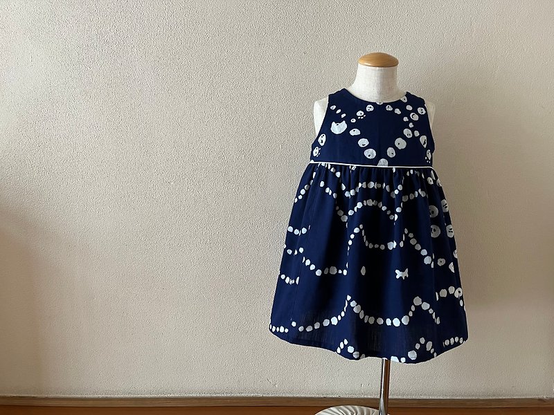 Children's yukata fabric modest flare dress tsumori chisato navy blue cat 80-130 size / made-to-order - Skirts - Cotton & Hemp Blue