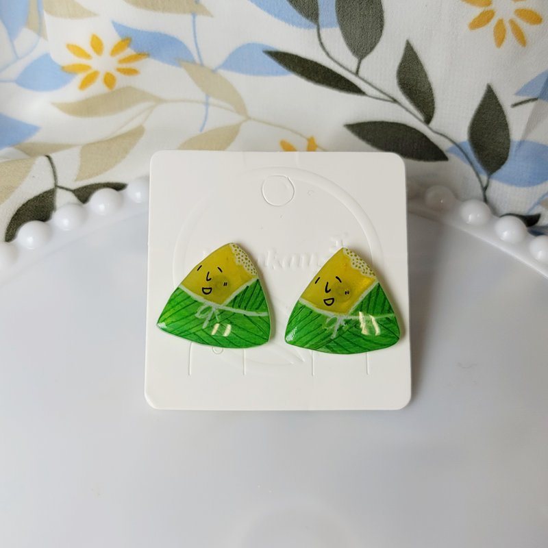 端午粽子禮盒 鹼粽 手繪熱縮片 耳環 - 耳環/耳夾/耳骨夾 - 不鏽鋼 多色