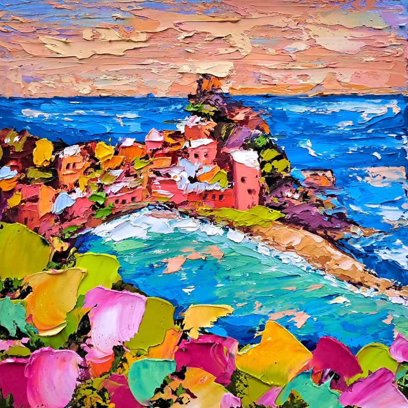 Cinque Terre Oil Painting Vernazza Cityscape Wall Art Decor Italian City Artwork - ตกแต่งผนัง - วัสดุอื่นๆ หลากหลายสี