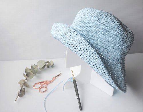 Argin手作工坊 DIY材料包含教學影片鉤針編織夏日涼爽淡藍色漁夫帽草帽遮陽帽