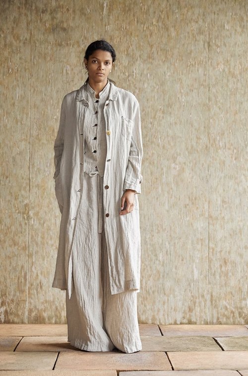 リネンコットンロングコート ゴーシュ リネンウールヘリンボン ロングコート / ブラック 服