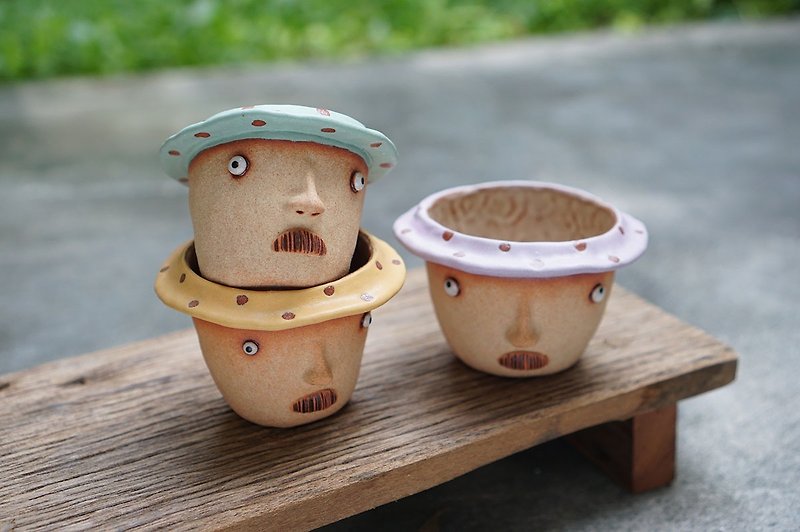 Funny Succulent planter set with uncle faces. - Pottery & Ceramics - Pottery Multicolor