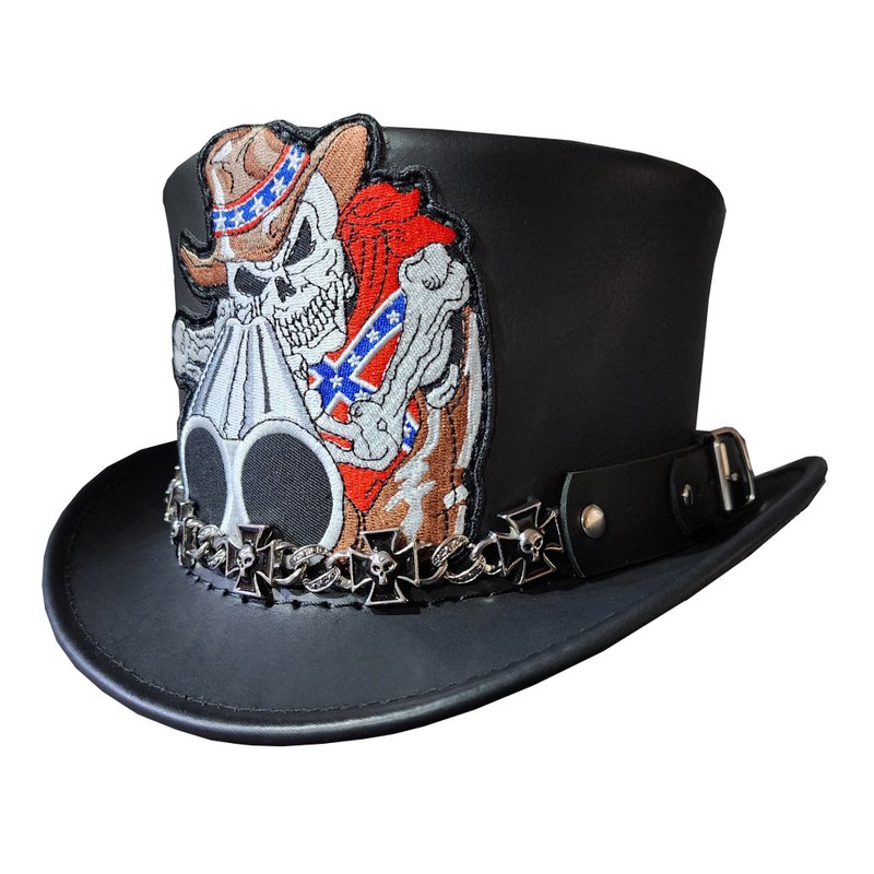 Skull Cowboy Black Leather Top Hat - 帽子 - 真皮 黑色