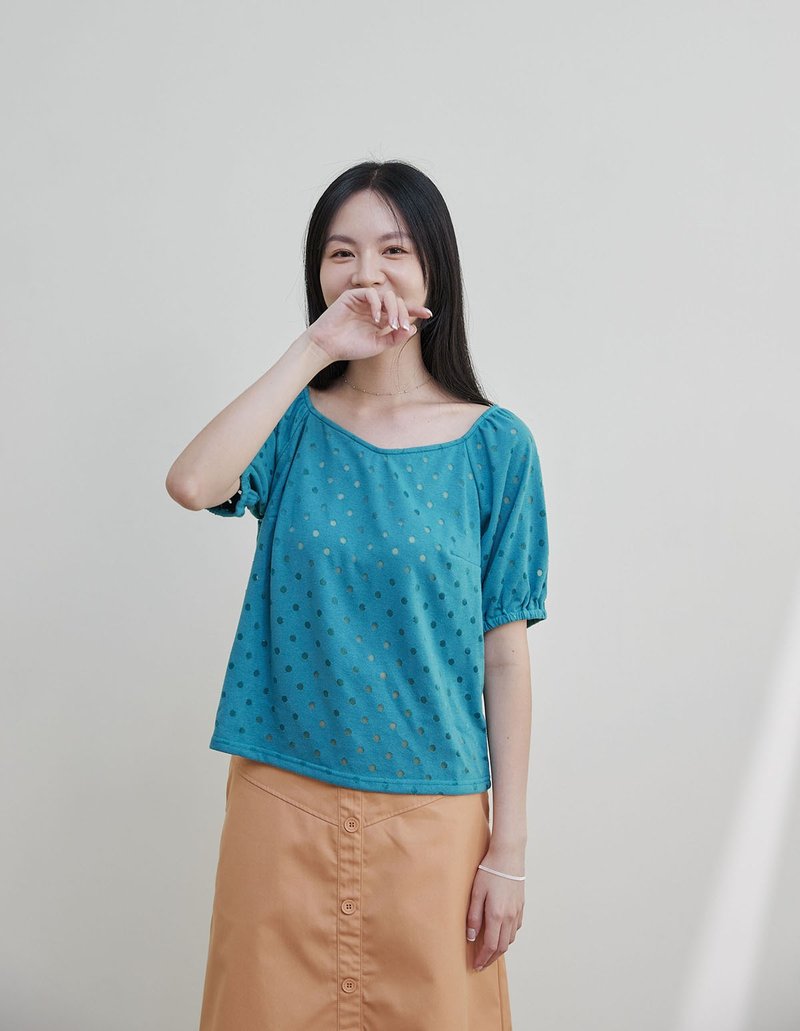 Smiling curve elastic sleeve top - Yaqiu - Women's T-Shirts - Cotton & Hemp Green