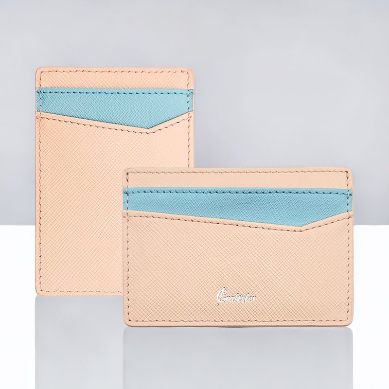 [Clear Sale] SeriesV Italian Cross Pattern Mix RFID Credit Card Case (Mist Rose/Aqua Blue) - Card Holders & Cases - Genuine Leather Pink