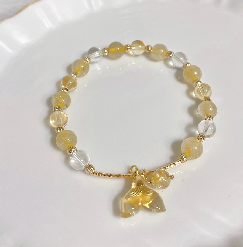 Lucky//white crystal/citrine//blonde crystal//fluorite Stone tail/elastic 14K color-preserving elastic bracelet - สร้อยข้อมือ - โลหะ ขาว