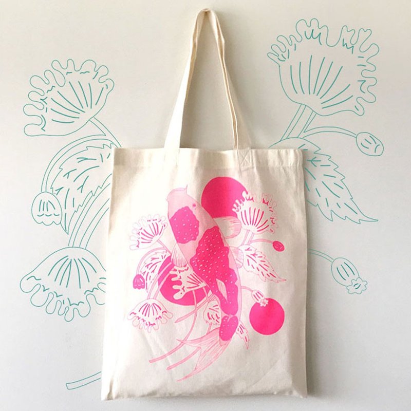 Organic Tote Bag  // Screen Print // Japanese Koi Fish // Neon Pink - Handbags & Totes - Cotton & Hemp Pink