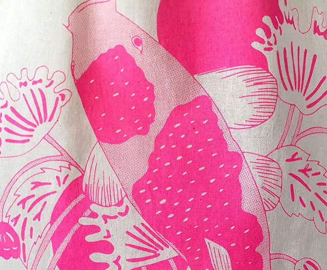 Organic Tote Bag // Screen Print // Japanese Koi Fish // Neon Pink