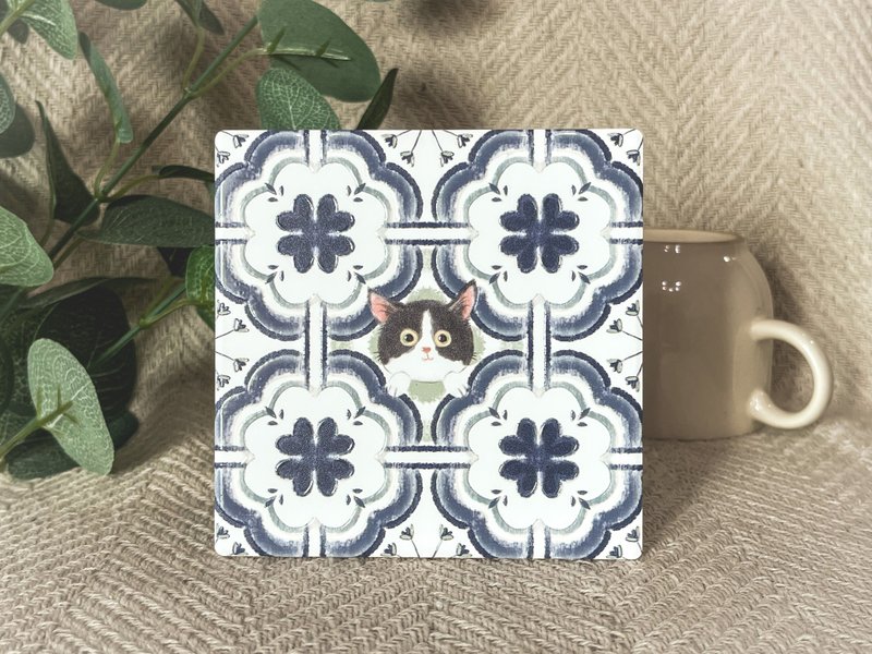 Tile peek-a-boo coaster Mercedes Cat | Wedding souvenir Yingge ceramic three-dimensional pattern wooden gift box - ที่รองแก้ว - ดินเผา 