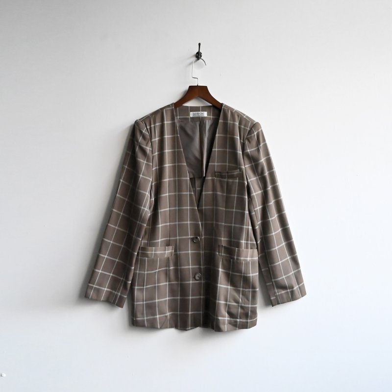 [Egg Plant Vintage] Tea Check Japanese Made Thin Wool Vintage Blazer - Women's Blazers & Trench Coats - Other Man-Made Fibers 