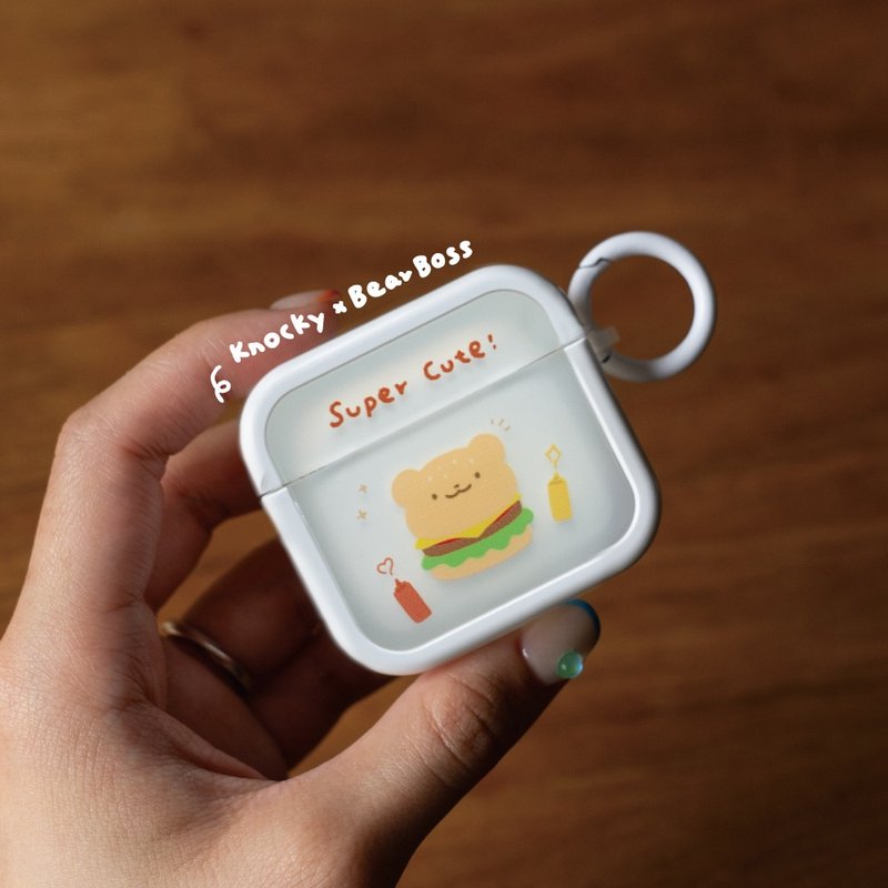 附掛鉤 | AirPods插畫家聯名耳機保護殼【漢堡熊】 - AirPods/耳機保護套 - 其他金屬 白色