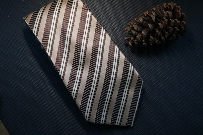 百分百真絲香檳金條紋領帶成熟魅力絲質necktie - 領帶/領帶夾 - 絲．絹 金色