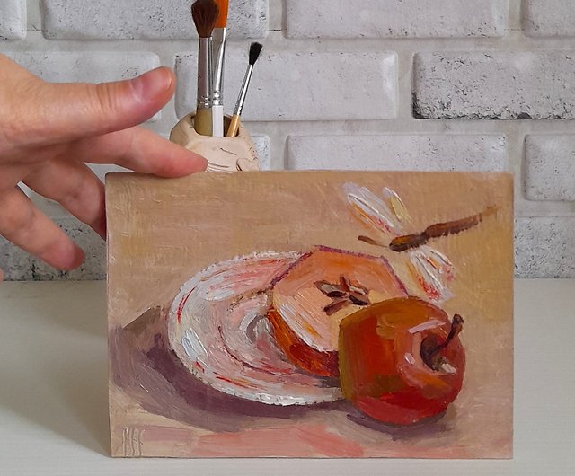 りんごの絵画フルーツの元の芸術の小さい油絵のりんごの版の静物画