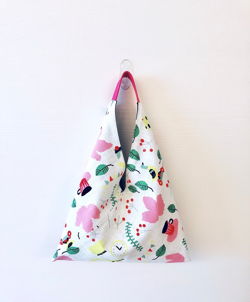 Triangle shape handbag - groceries white / inner layer red bottom white point - Handbags & Totes - Cotton & Hemp Multicolor