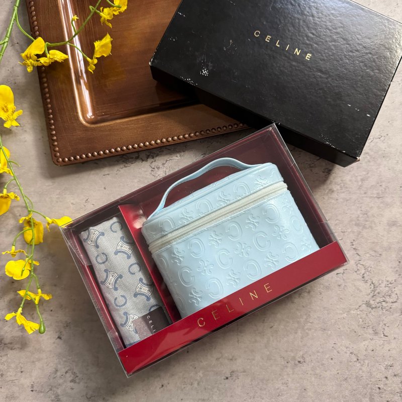 Celine 凱旋門圖案 化妝包 連 方巾 禮盒 未使用保存品 - 化妝包/收納袋 - 塑膠 藍色