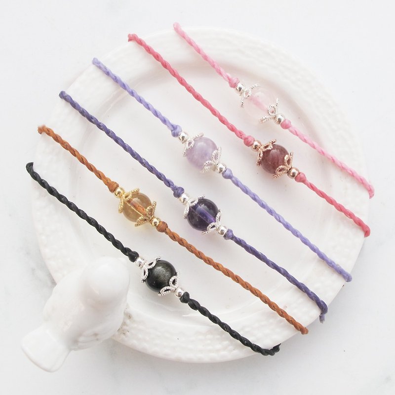 [Crystal Wax Rope Series] Flower Ball | Pink Quartz x Amethyst x Strawberry Quartz Peach Blossom Wax Rope Bracelet | Senior Girl - Bracelets - Crystal Multicolor