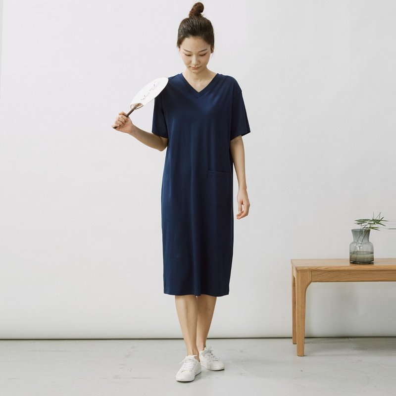 Super smooth V-neck loose dress knitted cotton dress dark blue D200163 - One Piece Dresses - Cotton & Hemp Blue