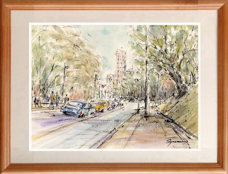 水彩画原画　朝の交差点風景 - 海報/掛畫/掛布 - 紙 卡其色
