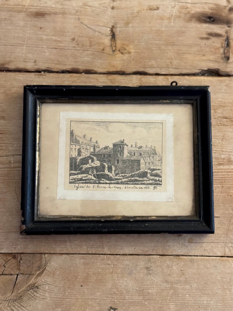 40671-Charming French 1866 engraving sketch small painting and antique frame - ตกแต่งผนัง - ไม้ 