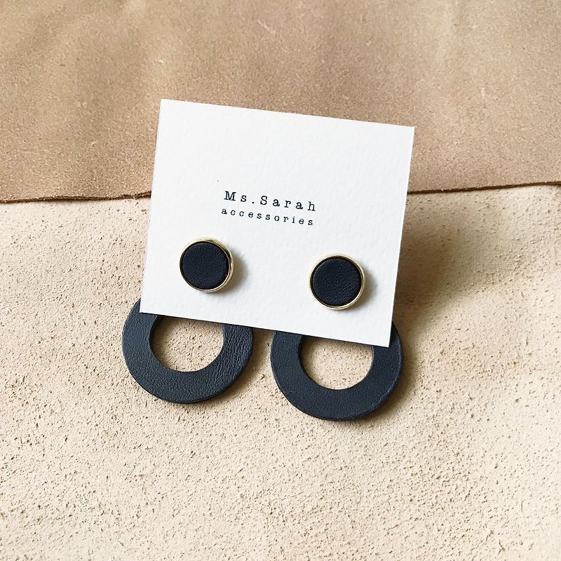 Leather earrings_round frame No.6 work #10_dark blue - Earrings & Clip-ons - Genuine Leather Blue