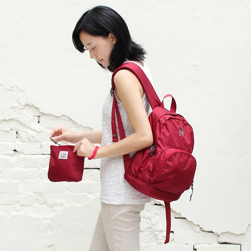Mini water resistant backpack(12'' Laptop OK)-Dark red_100180-20 - กระเป๋าเป้สะพายหลัง - วัสดุกันนำ้ สีแดง