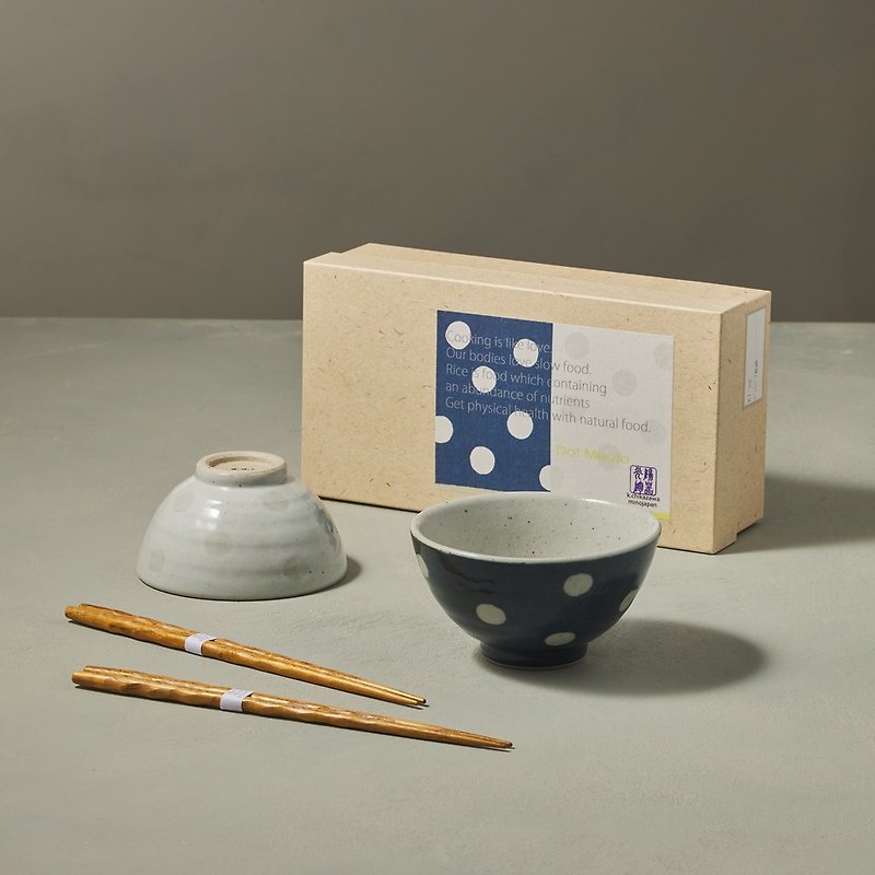 日本美濃燒 - 水玉夫妻碗禮盒組 - 附筷(4件式) - 碗 - 陶 藍色
