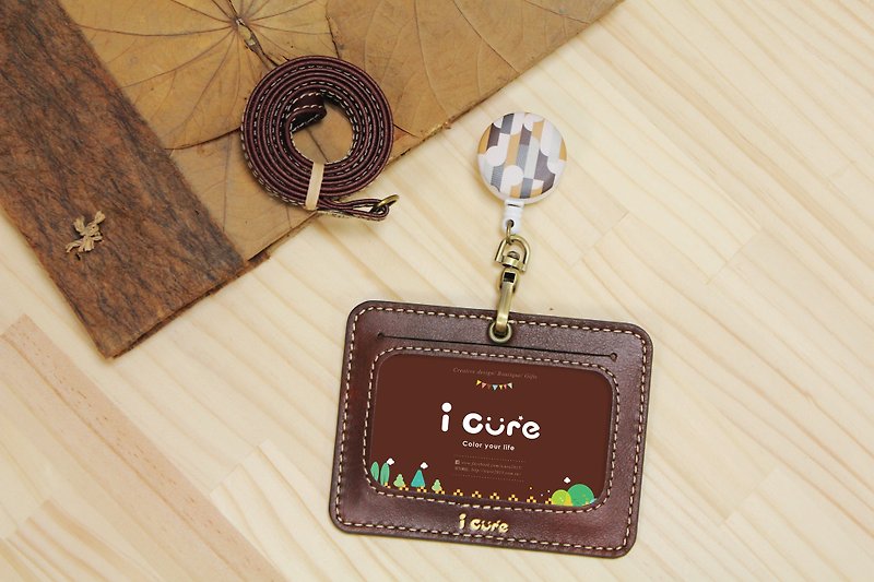 my life level manpower for Leather Badge Holder Group / introverted coffee leather hand-made card counting grip telescopic - ที่ใส่บัตรคล้องคอ - หนังแท้ สีนำ้ตาล