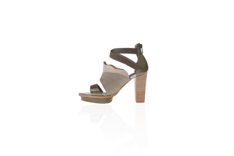 ZOODY / folding / handmade shoes / heel ankle sandals / green-brown - Sandals - Genuine Leather Khaki