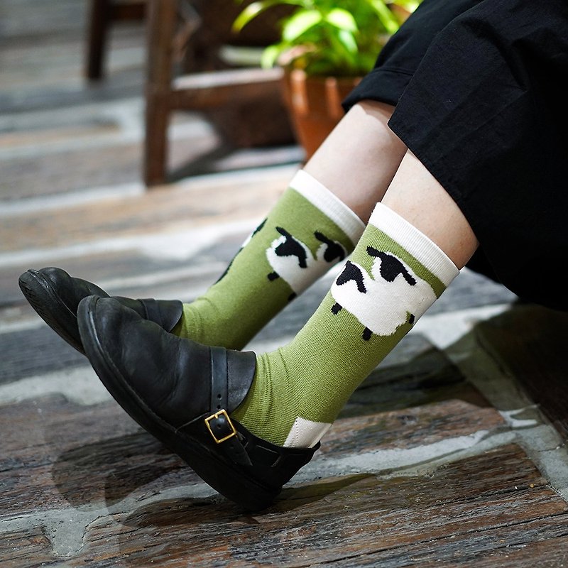 Reese and Old Man Printed Socks Breathable Bamboo Fiber Soft Breathable Matcha Green - ถุงเท้า - ผ้าฝ้าย/ผ้าลินิน 