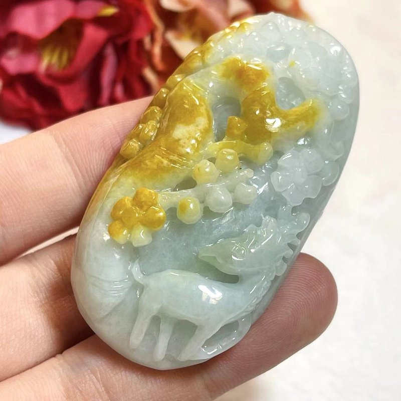 Multi-precious Stone/natural jadeite A goods sika deer/natural yellow jade/laokeng jade/additional official Jinlu/with certificate - Necklaces - Jade Yellow