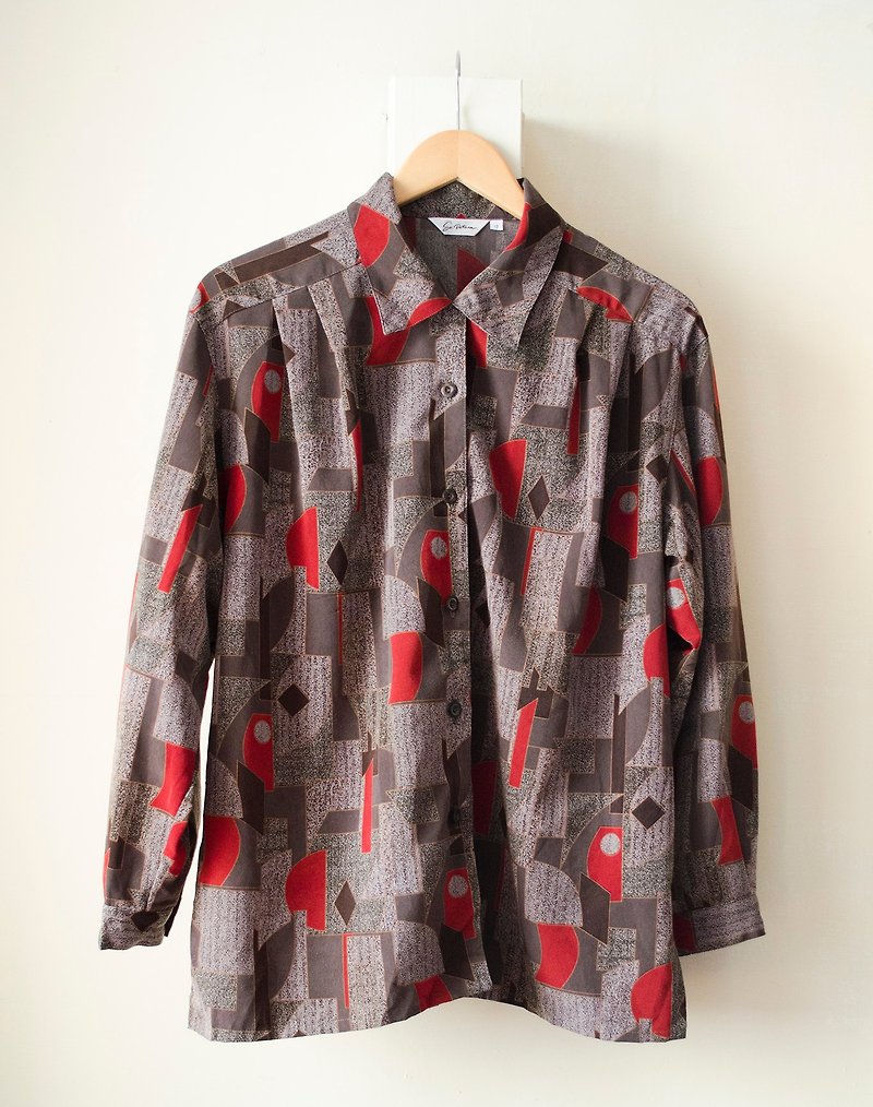Port Afterglow. Brown Geometric Print Long Sleeve Shirt Hawaiian Shirt #Vintage - Men's Shirts - Polyester 