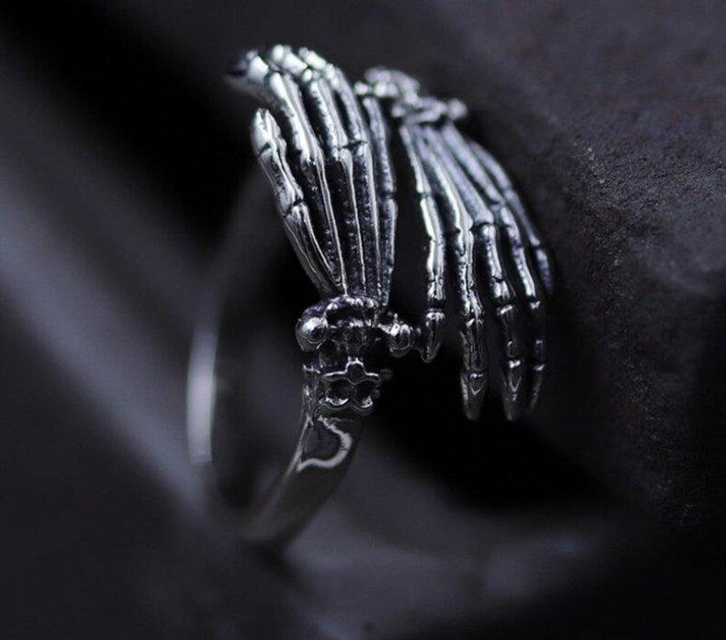 Real Thai S925 Silver Exaggerated Designer Skeleton Hands Open Rings for Men - 戒指 - 銀 銀色