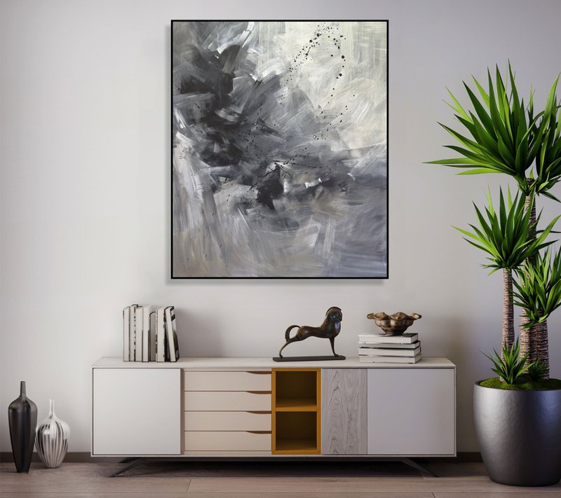 Large Minimalist Abstract Black and Gray Monochrome Textured Canvas for Modern - ตกแต่งผนัง - อะคริลิค สีเทา