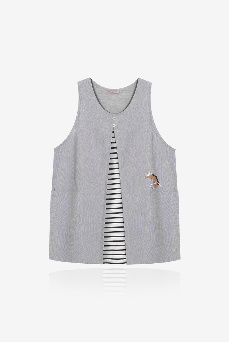 [Last one] refreshing flat bangs horse - stitching striped vest skirt, linen gray - ชุดเดรส - ผ้าฝ้าย/ผ้าลินิน สีเทา