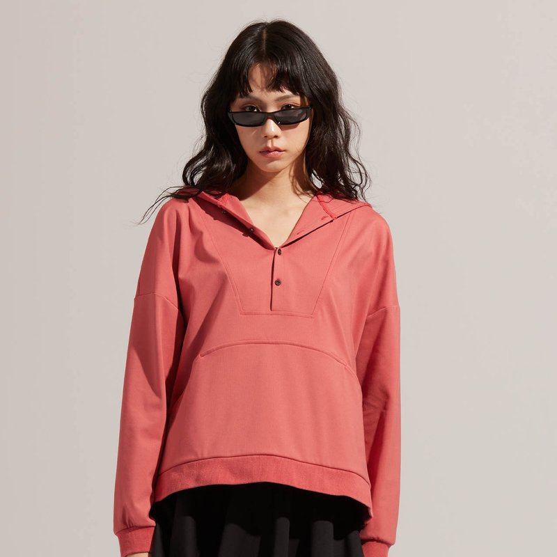 【新年開運色】REBOOT動能-超細磨毛半開襟連帽上衣-礦物紅 - 中性衛衣/T 恤 - 聚酯纖維 紅色