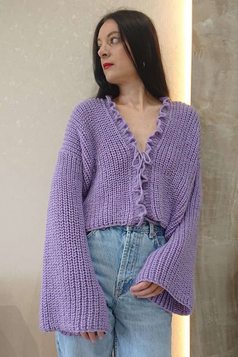 Bell sleeve cardigan Rib knit cardigan Cropped tie front cardigan women - 女毛衣/針織衫 - 羊毛 