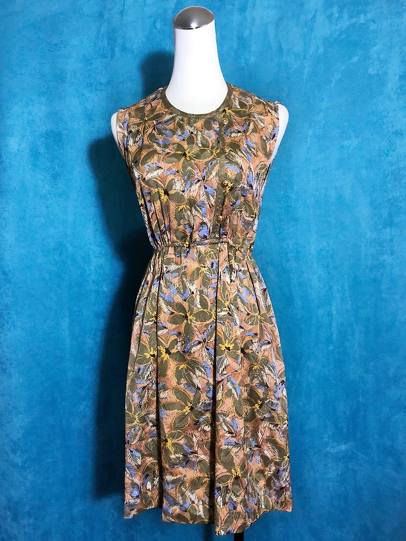 橄欖綠花朵織紋無袖古著洋裝 / 國外帶回 VINTAGE - 洋裝/連身裙 - 聚酯纖維 金色