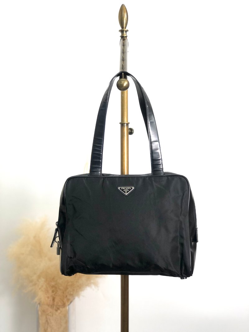 【 日本直送　名牌中古包 】PRADA プラダ トートバッグ ブラック トライアングルロゴ ナイロン レザー カデナ vintage ヴィンテージ 5g8nni - 手提包/手提袋 - 真皮 黑色