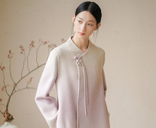 初蟬 新中式 雙面呢羊毛大衣冬季真絲混紡長款洋裝