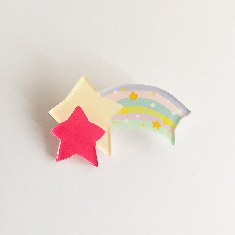 Cherry Pink and pastel yellow falling stars Plavan Brooch - Brooches - Plastic Red