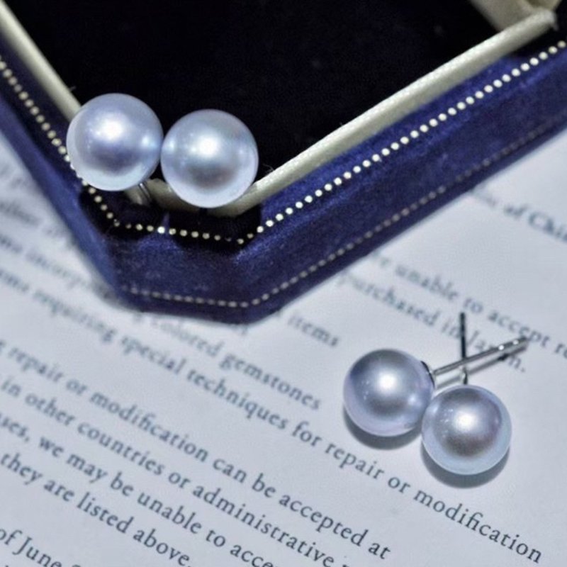 【WhiteKuo】18k natural seawater akoya real Linen pearl earrings earrings - ต่างหู - ไข่มุก สีน้ำเงิน