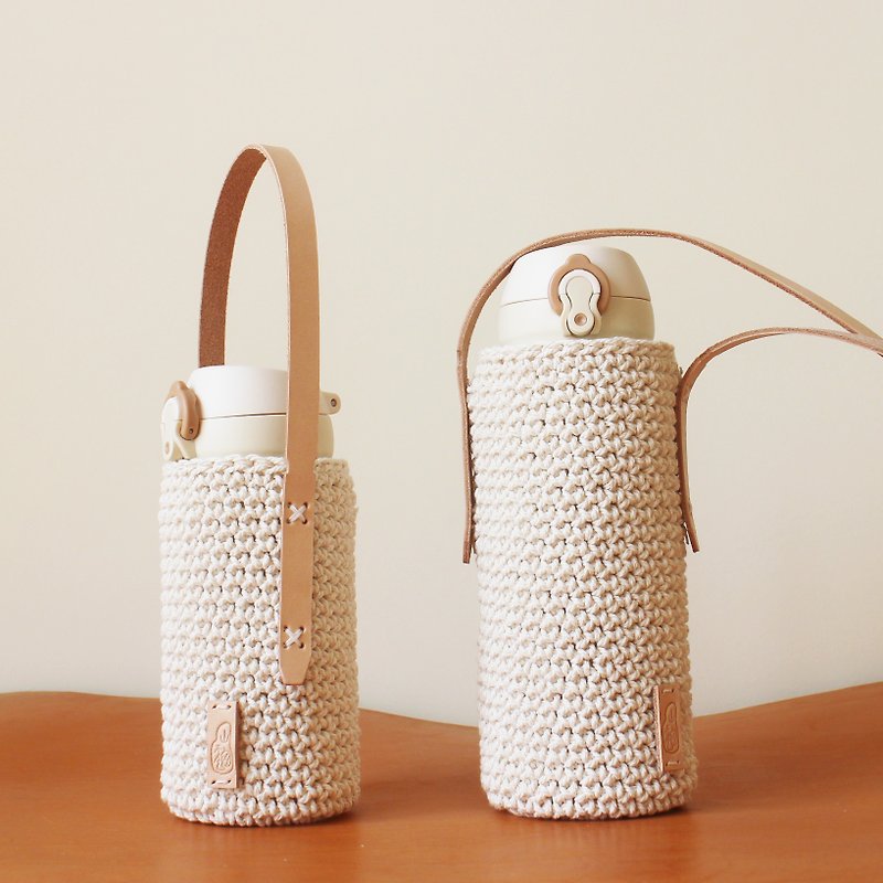 Vegetable tanned cowhide handle hand-knitted cotton portable thermos cup holder crossbody cup holder - กระบอกน้ำร้อน - หนังแท้ หลากหลายสี