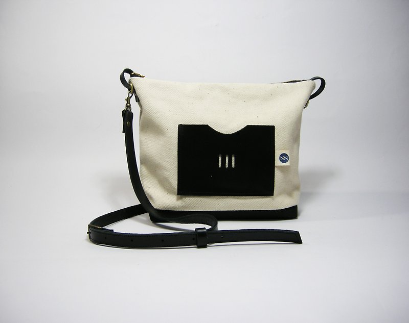 Japanese-style hemp zipper side backpack (leather) __made as zuo zuo hand-made cloth bag - กระเป๋าแมสเซนเจอร์ - ผ้าฝ้าย/ผ้าลินิน สีดำ