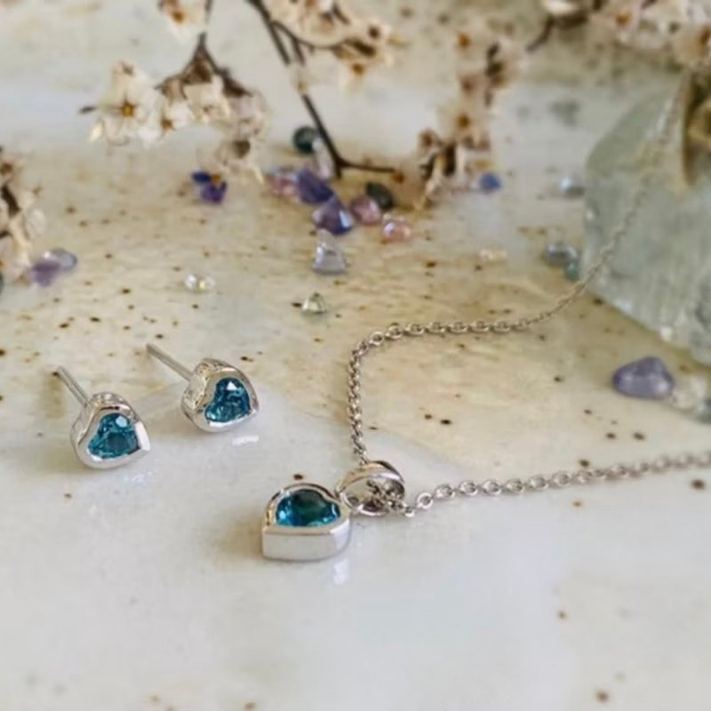 瑞士藍托帕石套裝, 心型設計 - 項鍊 - 半寶石 藍色